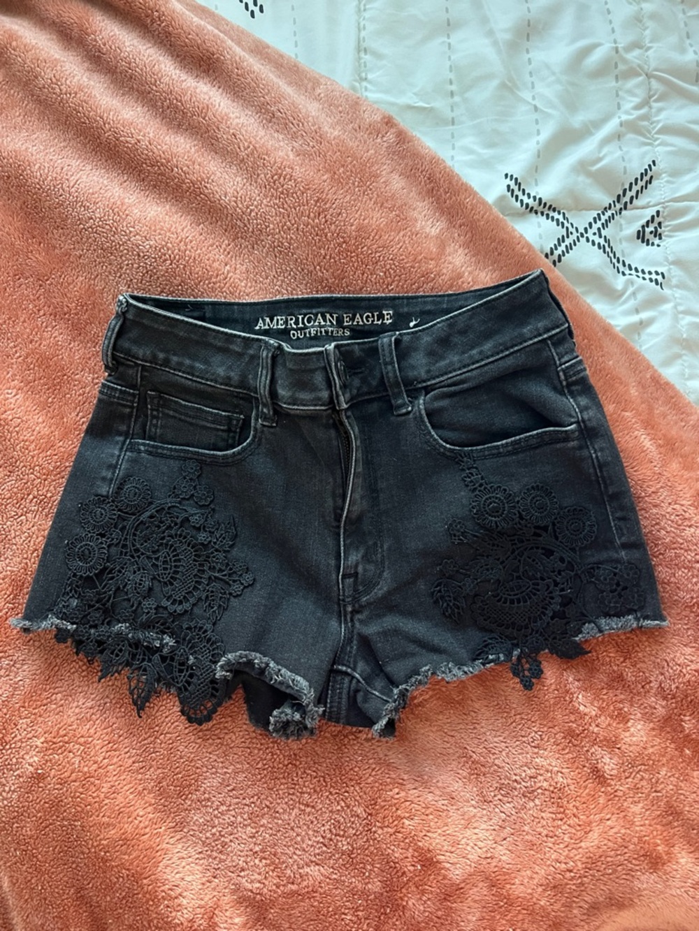 American Eagle Outfitters Black Denim Crochet Hi-Rise Shortie